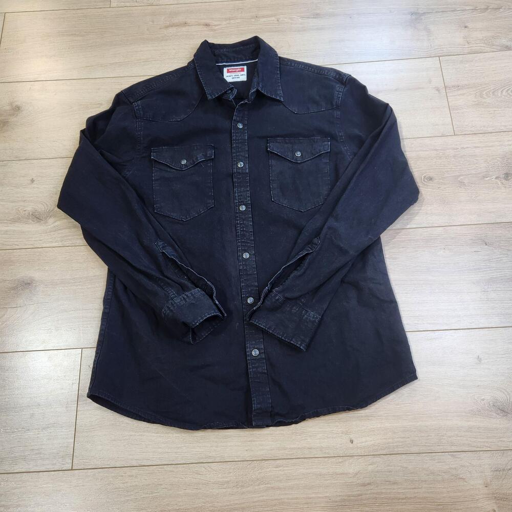 Wrangler Shirt Mens Large Black Denim Long Sleeve Western Pearl Snap Casual